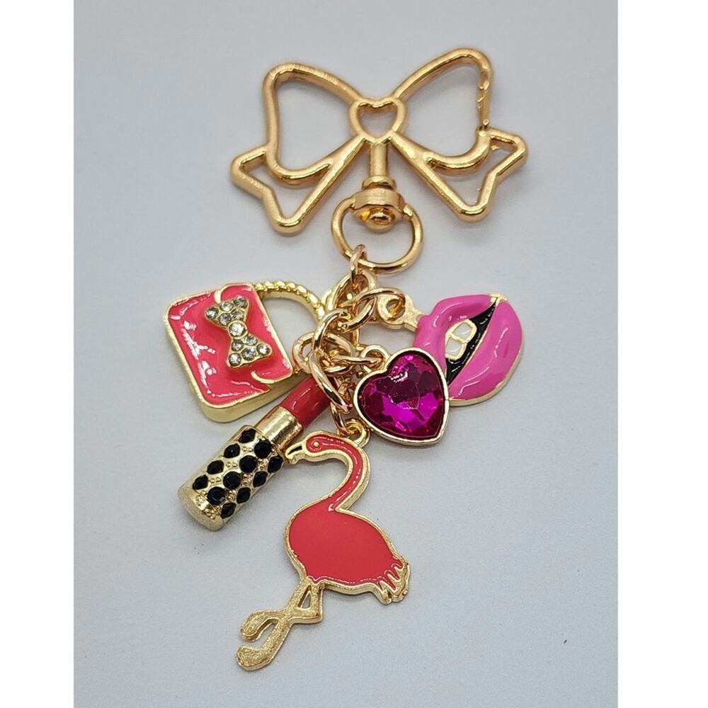 Pretty Pink Makeup Flamingo Bag Charm Key Chain Lipstick Heart